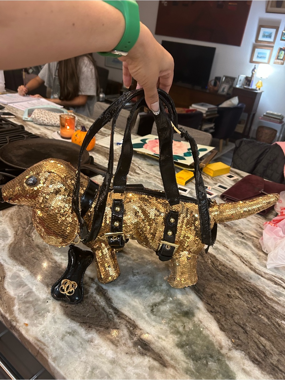 Vintage rare Sharif Gold Sequin Luke the Dachshund Shoulder Bag major peeling